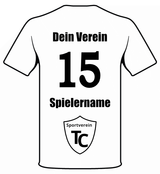 Vereinsname gerade über der Nummer, Spielername gerade darunter, Logo/Motiv mittig darunter